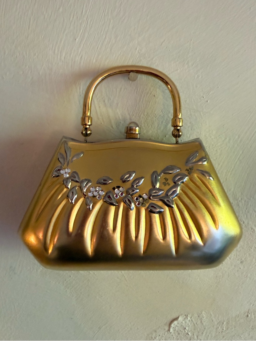 Vintage Gold Metal Mini Purse Rhinestone Leaf Hard Case Minaudiere Evening Bag